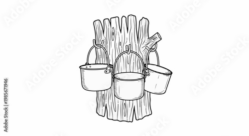 Three metal pots hang from a wooden post