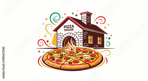 A slice of pizza in front of a brick building with a chimney