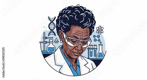 A Black woman scientist in a lab coat looks down at her work surrounded by scientific symbols
