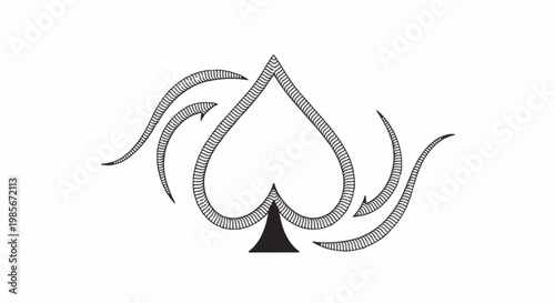 Stylized spade symbol with flowing decorative elements, black and white