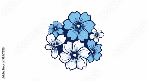 A cluster of stylized cherry blossoms in shades of blue and white on a white background