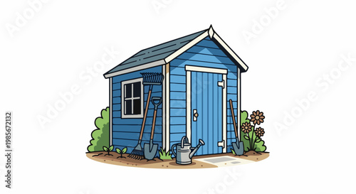 A charming cartoon garden shed with tools and blooming flowers