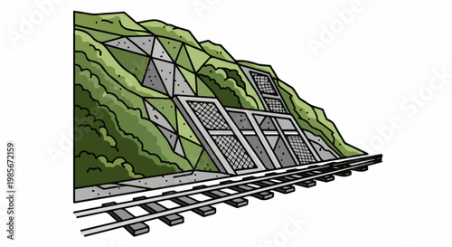A reinforced embankment with retaining walls beside railroad tracks