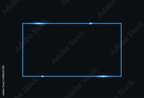 Blue neon rectangle frame with glow effect. Neon gradient frames, glowing borders  in dark background.