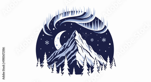 Stylized winter mountain landscape under aurora borealis and crescent moon