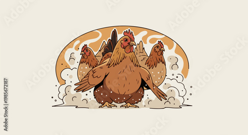 Three charming cartoon chickens stand together in a whimsical, dusty environment