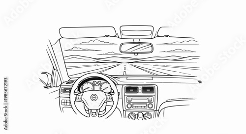 View from car's interior, looking forward on a straight road through hills