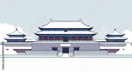 A snow-covered traditional Asian palace complex stands under a pale sky