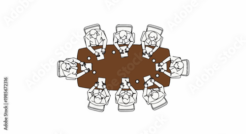 Top view of people in a meeting around a brown oval table