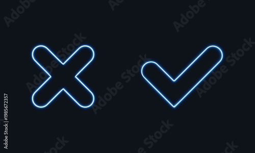 Neon effect cross and right sign, glowing borders in dark background.