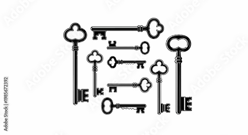 A collection of antique skeleton keys with ornate tops and intricate bit designs