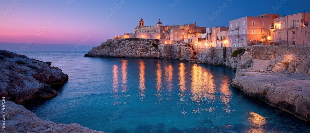 Fototapeta premium Coastal town at dusk with warm lights reflecting on calm blue sea and rocky shoreline under a colorful twilight sky