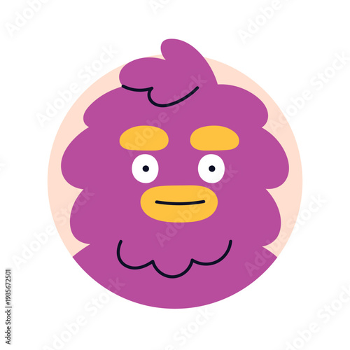 Cute funny character, face avatar in circle. Creative whimsical creature, mascot, user profile. Comic monster, head portrait, round sticker. Flat vector illustration isolated on white background
