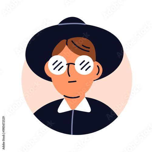 Man in glasses, wide brim hat, circle avatar. Funny whimsical character with serious confident face expression, head portrait, user profile. Flat vector illustration isolated on white background