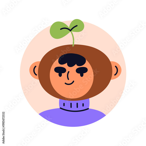Cute funny comic character, face avatar. Whimsical person with leaf plant sprout growing on head, user profile. Ecologist and nature, portrait. Flat vector illustration isolated on white background