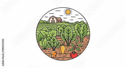 Stylized rural landscape with farm, fields, sun, and fresh produce