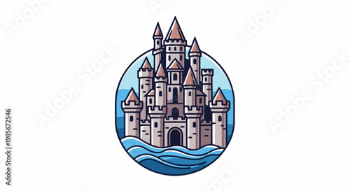 Whimsical castle depicted in a circular emblem with blue water waves at its base