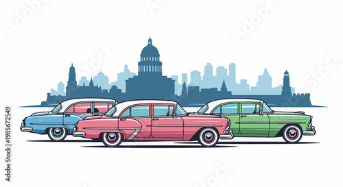 Vintage cars in vibrant colors parked against a city skyline backdrop