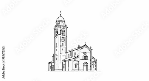 Stylized sketch of a historic church with a prominent bell tower and clock