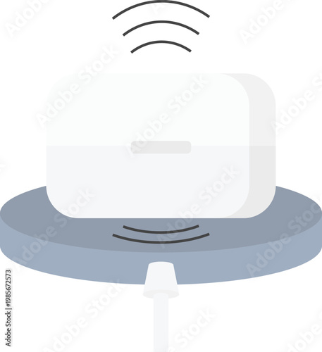 Vector illustration of a white wireless earbud charging case on a circular induction charging pad. Modern concept for wireless charging technology, portable electronics, and mobile accessories.