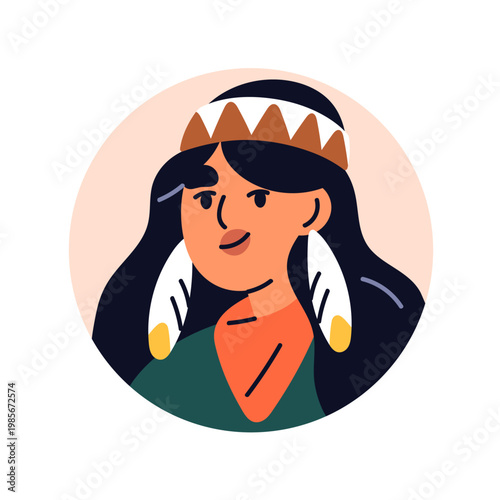 Woman with ethnic accessories, face avatar. Female character with headband on long hair, boho style feather earrings, head portrait, user profile. Flat vector illustration isolated on white background