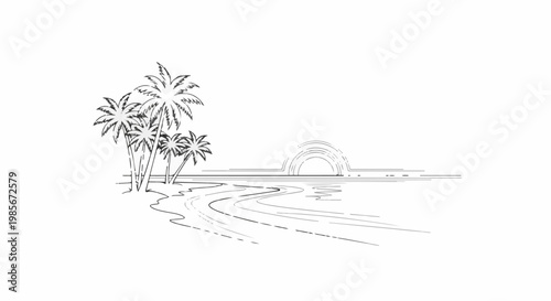 Stylized sketch of a tropical beach with palm trees and a setting sun over water