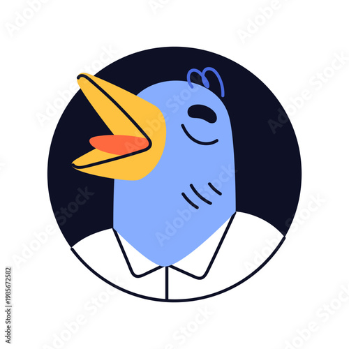 Bird singer avatar. Songbird character singing, head portrait, user profile. Animal vocalist with beak, performing music, melody, in circle. Flat vector illustration isolated on white background