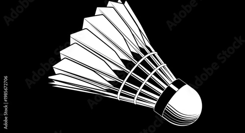 Black and white illustration of a shuttlecock on a black background badminton racket sports equipment