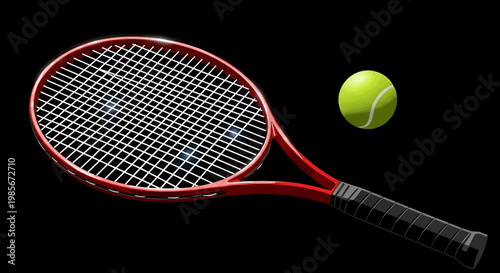 Tennis racket with black grip and red frame beside a flying tennis ball on a black background