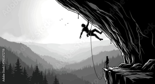 Man climbing a steep cliff face with a rope and a partner for support in a mountainous landscape
