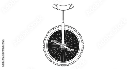 A detailed drawing of a unicycle with a large wheel and seat bicycle tire spokes