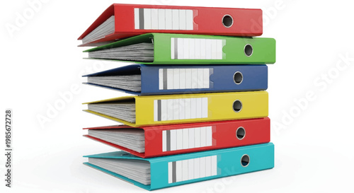 Stack of colorful ring binders for organizing documents with office supplies document holder white background storage solutions organizing