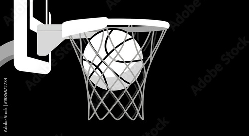 A basketball going through a hoop with a net on a black background sports game
