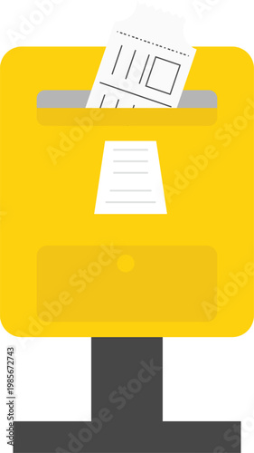 Vector illustration of a yellow mailbox or ticket drop box with a white receipt or ticket being inserted. It represents postal services, voting, suggestions, or parking ticket validation.