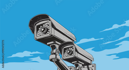Two security cameras vigilantly observe the sky against a backdrop of clouds