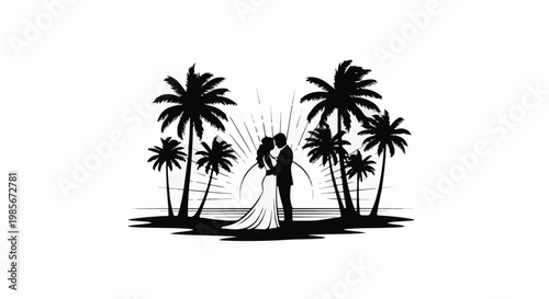 Wedding couple embracing on beach with palm trees at sunset