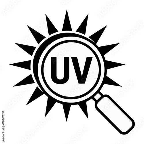Vector graphic of a magnifying glass with uv symbol under a sun representing ultraviolet light detection