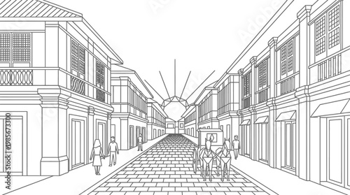 Black and White Perspective Drawing of Historic Street