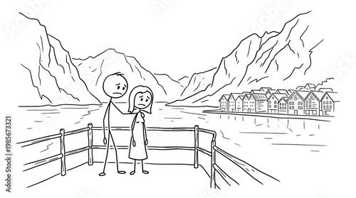 Concerned Couple Overlooking Scenic Lake and Village
