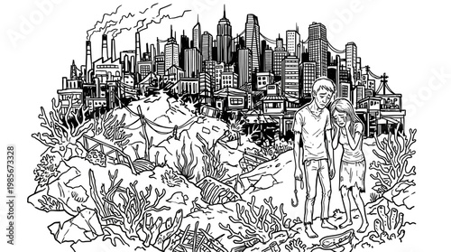 Post-Apocalyptic Cityscape with Couple and Bleak Landscape