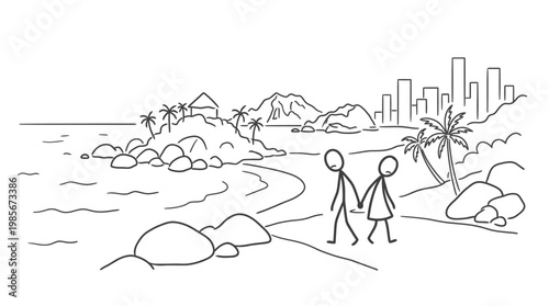 Couple Strolling Along Tropical Beachfront
