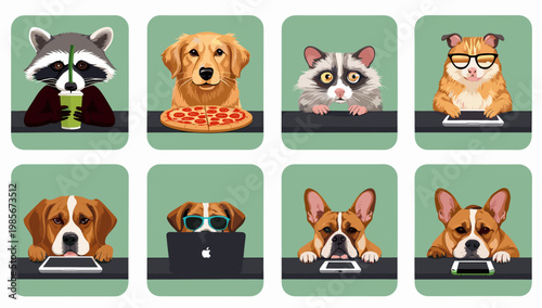 A playful illustration depicting a dog on a weight scale, suggesting health consciousness or pet care. Ideal for veterinary clinics, pet food brands, 