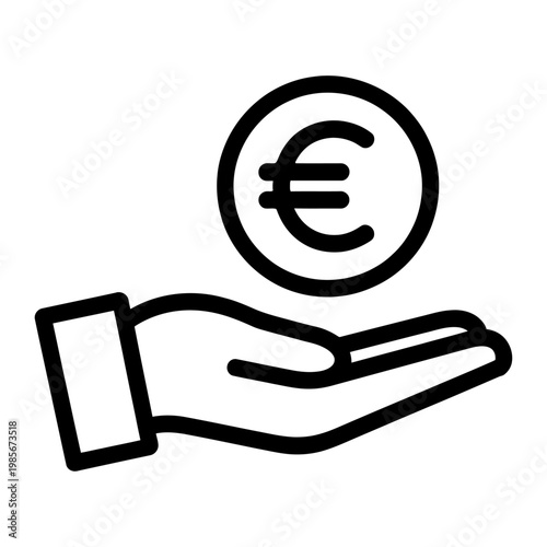 Vector of a hand holding a euro coin in a simple black line style.