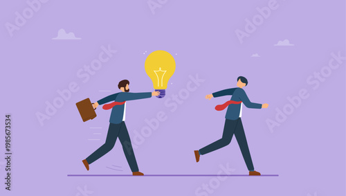 Businessman passing the lighbulb idea to another person. Passing a job, task, and idea to colleague to continue working on it concept.
