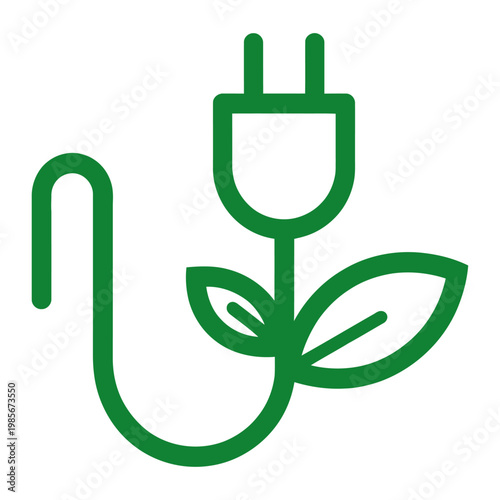 Vector of a green electrical plug with leaves growing out of it, symbolizing eco-friendly energy and sustainability.
