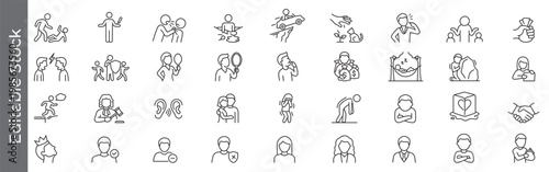 Negative characters and bad personality related icon set – editable outline symbols of anger, greed, jealousy, arrogance, selfishness and dishonesty