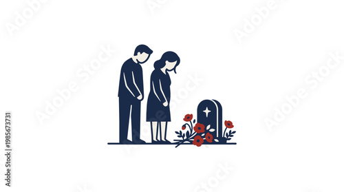 Mourning Couple at Grave with Red Flowers