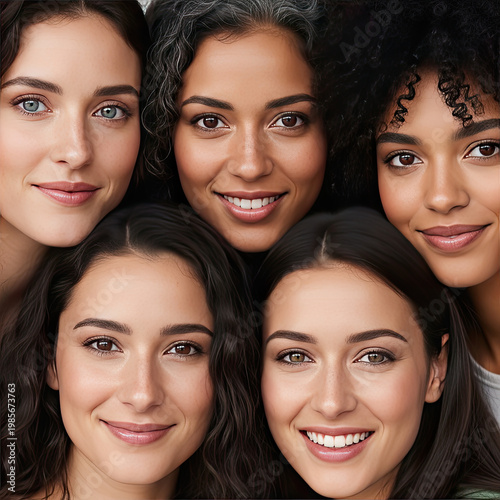 A diverse group of women with different skin tones and hairstyles smiling together