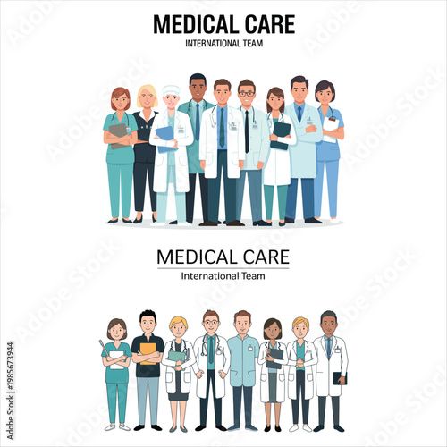Two groups of diverse medical professionals in uniform