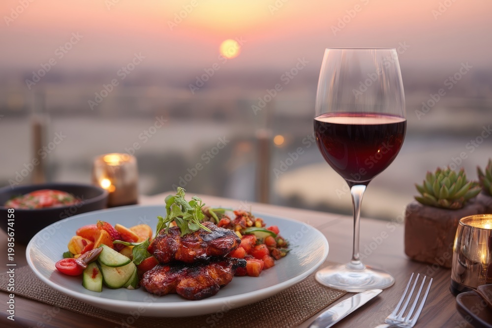 Obraz premium Grilled chicken and fresh salad with a glass of red wine on an outdoor table at sunset